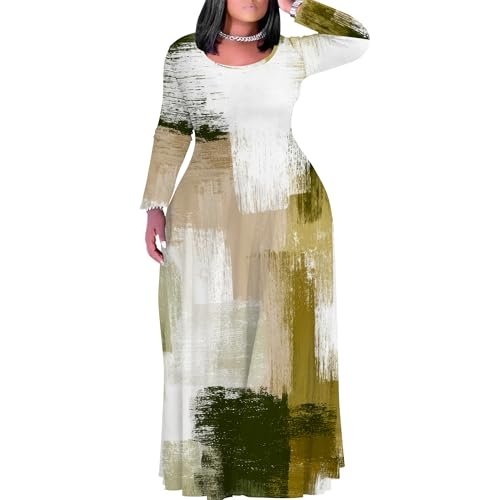 Image of PinkPatty Plus Size Maxi Dress for Curvy Women Crew Neck Long Sleeves Casual Dress Vacation Sundresses with Pockets