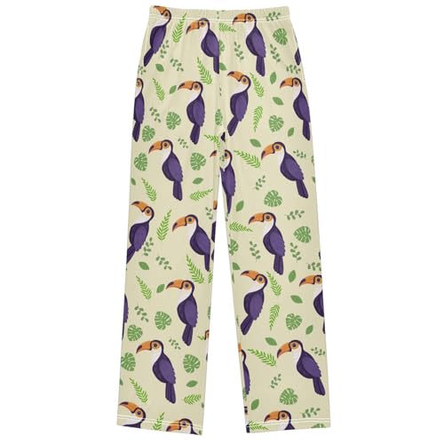 Boy's Pj Pants Tropical Bird Purple Toucan Leaf Lounge Bottoms Elastic Waist Kids Joggers with Pockets Size 6-14