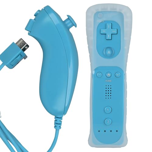 MOVHEIYL Ersatz fernbedienung für Wii und Wii U integriertes 2-in-1 Motion Plus mit Silikonhülle und Nunchuck (blau)