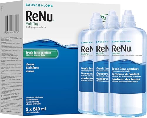 ReNu MultiPlus Multi-Purpose Contact Lens Solution 3 x 240ml for Soft Contact Lenses Moisturise Remove Protein Clean Disinfect Lubricate Rinse and Store Your Lenses Lens Case Included