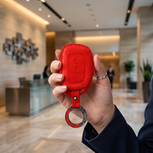 Image of KMH Alcantara Car Key Cover Compatible Hyundai Grand i10 NIOS Asta | Venue | i20 | Aura | Creta | Elantra 3 Button Shell Case Holder Full Key Smart Keycover with Keychain (D1) Red - Pack of 2