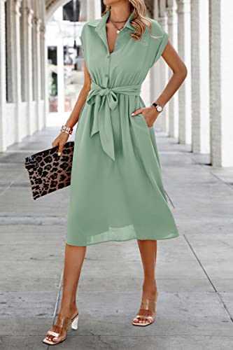 Image of ECOWISH Womens Casual Midi Dresses Solid V Neck Short Sleeve Button Shirt Belted Dress with Pockets for Spring Summer 2026