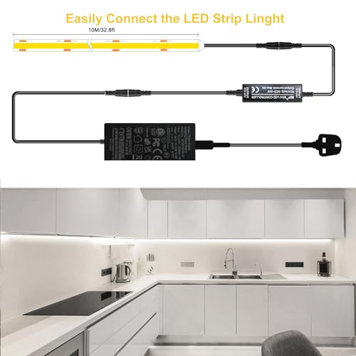 SIRYYUI COB LED Strip Lights 10M,6000K Cool White Dimmable LED Strip,3840 LEDs, Dotless LED Tape, CRI90+ with RF Remote and Power Supply,24V LED Light Strip for Indoor Room,Kitchen,cabinets,Mirors