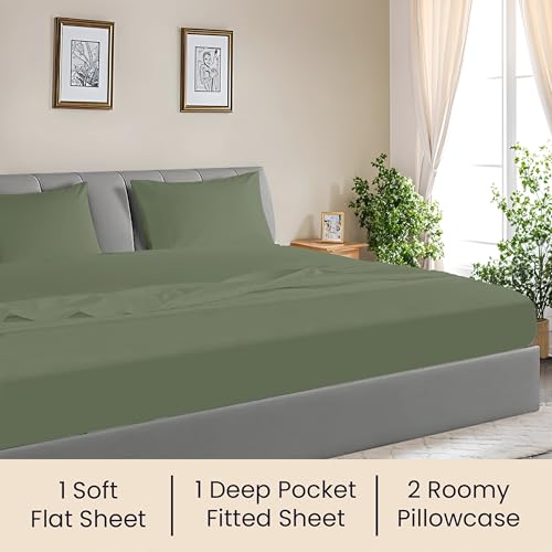 Image of SGI Bedding 84 inch W x 84 inch L 4Pc Emperor /Wyoming King Sheet Set 100% Egyptian Cotton - 600 Thread Count, Fits 12 inch Deep Pocket - Soft Breathable Oversized Sheets, for Extra Large Beds - Moss