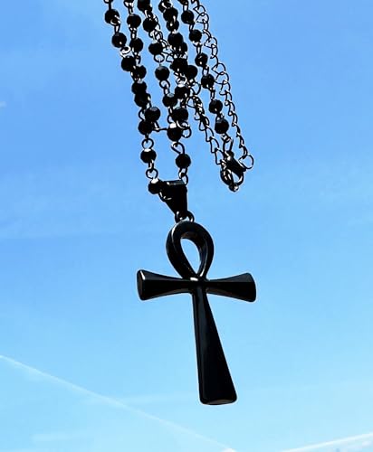 Gothic Bead Coptic Ankh Cross Necklace, Stainless Steel Ankh Cross Pendant, Black Gothic Layered Choker Necklace for Women.3