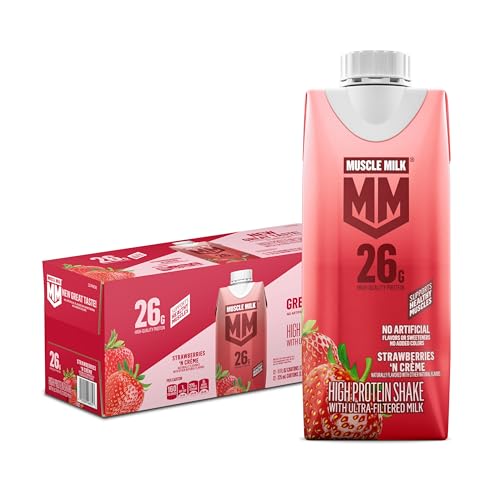Muscle Milk High Protein Shake Strawberry 11 fl oz Cartons (12 Pack) Ultra Filtered Milk 26g High Quality Protein Shake 3g Sugar 160 Calories No Artificial Flavors No Artificial Sweeteners No Added Colors