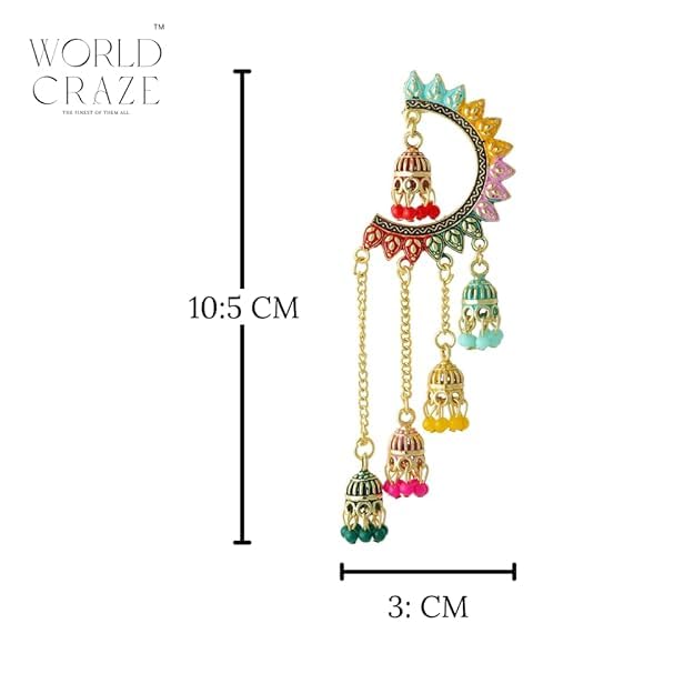 Image of WORLD CRAZE Multicolour long kashmiri jhumka for women chandbali earrings chand baliyan | kashmiri earrings for women | bahubali earrings stylish | Traditional Indian Festive Jewelry | Long Chain Tassels | Pearl Drop Latkan Jewellery (Multi colour)