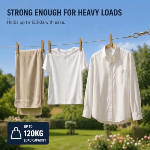 Image of Heavy Duty Stainless Steel Clothesline Rope with Carabiner Hooks - 5 Meter Rustproof Thick Laundry Drying Wire for Balcony, Bathroom, Camping & Travel Use