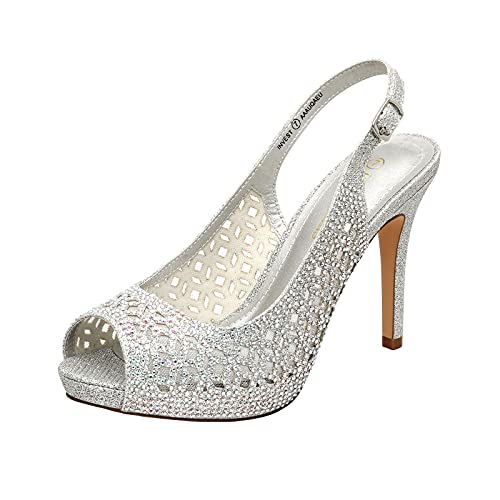 DREAM PAIRS Women's High Heels Platform Dress Rhinestones Peep Toe Pumps Shoes 5 Silver/Glitter