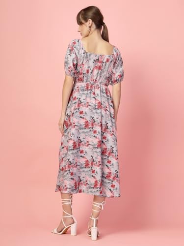Image of OOMPH! Below Knee Shift Pink Dress in Crepe Fabric with Round Neck and Puff Sleeves - md619l