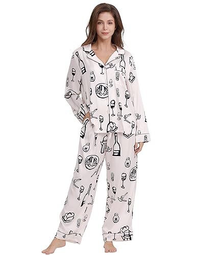 Image of YiNi LuLu Womens Silk Satin Pajamas Set Button Down 2 Piece Pjs Long Sleeve Oversized Sleepwear with Pockets