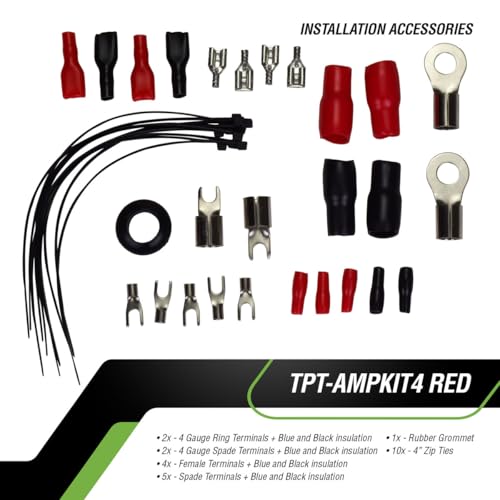Image of Timpano Amplifier Wiring Kit - 4 Gauge Amp Kit 2000 Watts Car Amplifier Installation CCA Cables Kit - 150 Amp Fuse Single Amp TPT-AMPKIT4 RED