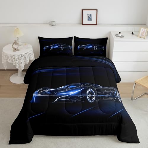 Feelyou Blue Race Car Bedding Set Twin Size for Kids Boys Extreme Sport Games Comforter Set Teens Toddler Fast and Furious Duvet Set Cool Modern Quilt Set 2Pcs