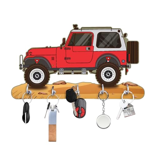 Image of Webelkart Premium HD UV Printed Mahindra Thar Car Shape Designer Wooden Key Holder Home and Office Decor (11 X 6 Inch, Wood) (Red)