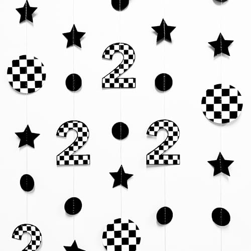 Image of Two Fast Birthday Party Decorations Black & White Checkered 2nd Polka Dot Star Hanging Garland Banner for Checkered 2 Year Old Race Car 2 Fast 2 Curious Dirt Bike Birthday Decorations Supplies