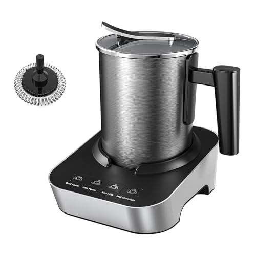 FUNLAVIE Espumador y vaporizador eléctrico 4 en 1 con jarra de acero inoxidable (400 ml/382.7 g) con apagado automático, máquina de espuma fría y caliente y calentador de leche para café con leche