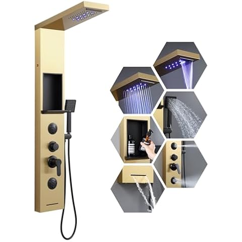 ROVATE LED Shower Panel with Shelf, Brushed Gold Rainfall Waterfall Shower Tower with Mist and Massage Body Jets, Self-Cleaning Handheld Shower, Tub Spout, Powerful Shower Column Stainless Steel Cover