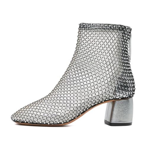 XYD Women Round Toe Short Boots Mesh Crystals Block Heel Shoes Back Zip Cut-out Ankle Bootie Pumps for Party Dressy2