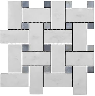 Vogue Carrara Marble Italian White Bianco Carrera Large Size Big Basketweave Mosaic Tile with Bardiglio Gray Dots Honed Designed in Italy (12x12)