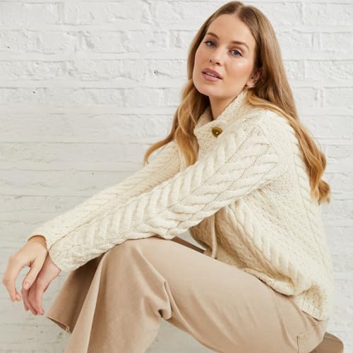 Womens Irish Cable Knitted Cardigan,100% Supersoft Merino Wool, Asymmetrical Design with Corozo Buttons3