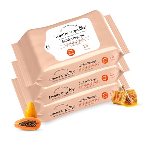 Image of Sceptre Organics Golden Papaya Exfoliating Facial Wipes | Gentle Exfoliation With Honey | Removes Dirt,Oil & Makeup | Alcohol-Free, Travel-Friendly | Pack of 3 (75 Wipes)