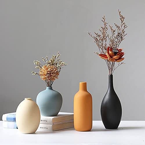 Juego de 4 jarrones de cerámica, jarrones de cerámica para decoración del hogar, floreros Decorativos para Hierba de Pampa y Flores secas, Mesa, estantería (Beige,Azul,Naranja,Negro)