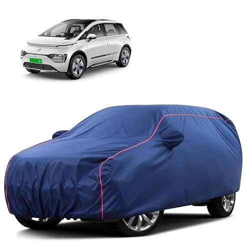 Image of Sulfar 100% Water Resistant Car Body Cover Compatible with Mirror for MG Windsor EV (Triple Stitched, Full Bottom Elastic, Blue Tafetta with Red Piping)