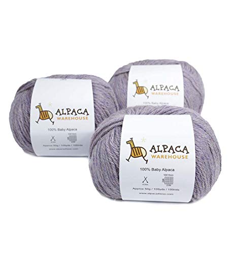 100% Baby Alpaca Yarn Wool Set of 3 Skeins Lace Worsted Bulky/Chunky Weight - Heavenly Soft and Perfect for Knitting and Crocheting (Heather Lilac, Worsted Weight)