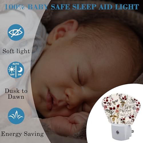 Image of Butterfly Plug in Night Lights, Vintage Flowers Plants Nightlight Plug Into Wall Dusk to Dawn Sensor for Kid Girls Boys Women Men Bedroom, Hallway, Kitchen, Bathroom, Stairs Decor