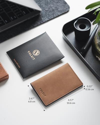 Image of VULKIT Leather Business Card Holder 2 Sided Slim Business Name Card Organizer for Men or Women (Yangba LightBrown)