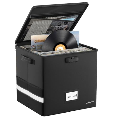 Aolawco 12 inch Vinyl Record Storage Box with Lock, Fireproof ＆ Waterproof Vinyl Storage Case, Collapsible Portable LP Storage Boxes Holds up to 100+ Single Records for Collect Valuable Albums, CD