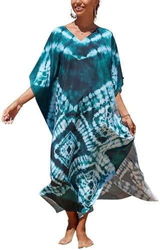 IMAGEKOPE Women's Plus Size Animal Print V-Neck Batwing Kaftan Beach Dress Bathing Suit Cover-Up Loungewear