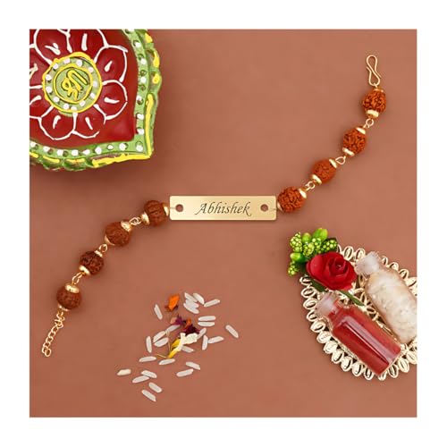 Image of Thebaegift Personalized Rudraksh Rakhi With Name | With Name Customization | Rakhi Combo For Brothers | Best Raksha Bandhan Gift | Name Rakhi For Bhaiyya