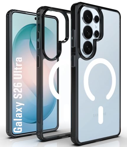 Image of RIGGEAR Shockproof Clear Hybrid Armor Magnetic Back Cover Case Compatible with MagSafe Accessories for Samsung Galaxy S26 Ultra (Clear-Black TPU Bumper + Transparent PC)(White)