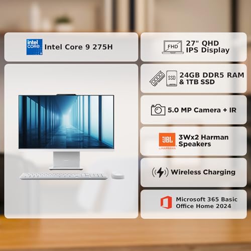 Image of Lenovo IdeaCentre AIO Intel Core 9 270H 27 inch QHD (24GB RAM /1TB SSD /Win11 /Microsoft 365 Basic + Office Home 2024 /Wireless Charging /Wireless EOS Keyboard & Mouse,Grey), F0HM00VXIN All-in-One Desktop