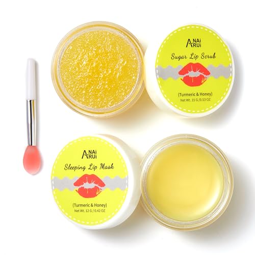 ANAiRUi Lip Care Kit - Honey & Turmeric Sugar Scrub & Balm Mask Set - Lip Sleeping Mask & Exfoliator Scrub - Overnight Lip Skin Treatment & Moisturizer for Dry Chapped Peel Lips