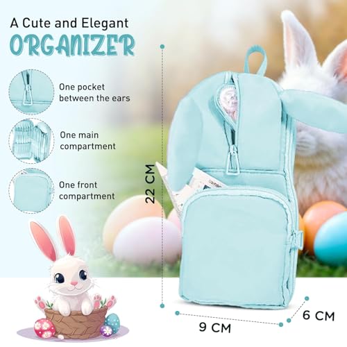 Image of DEOXY Polyester Large Capacity Pencil Pouch for Girls & Boys with 3 Zippers & 5 Compartments | Waterproof Aesthetic Cute Bunny Ears Standing Pencil Case for Kids, Multiutility Pouch (Sea Green)