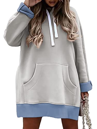 Syellowafter Women Oversized Hoodie Dress Casual Pullover with Hood Sweatshirt Kangaroo Pocket Top Grey with Blue Medium