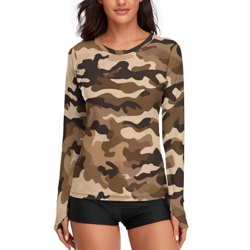 Chemise anti-UV marron camouflage femme protégeant la peau lors des randonnées