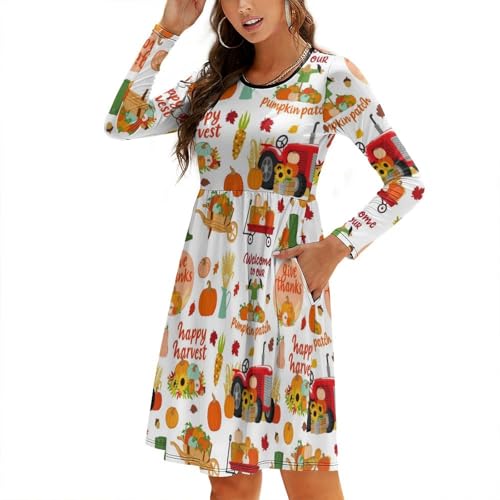Vestidos de otoño para mujer 2024 – Fall Farm Pumpkin manga larga fluida Midi Vestidos casuales para mujer, Negro -, S