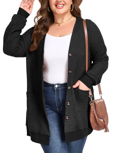 Women's Plus Size Waffle Knit Cardigan Soft Casual Long Sleeve Front Button Tops with Pockets
