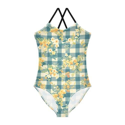 Flowers Dark Blue Gingham Girl Toddler Swimsuit Bathing Suits Swim Suit for Girls Beach Swimwear 3T