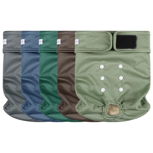 Image of Langsprit Female Dog Diapers for Doggie Puppy,Reusable Dog Period Diapers Female for Heat Peeing,Small Medium Large Doggy Diaper Washable,Dogs Pants 5 Pack, Blue Green Coffee, Medium