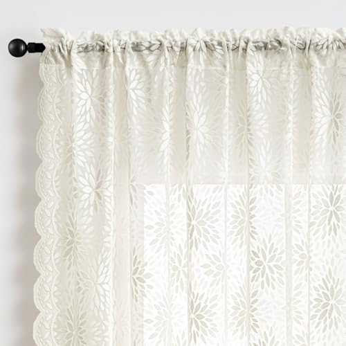 Image of MIULEE Vintage Lace Curtains 96 Inches Long 2 Panels, Victorian Decorative Floral Scalloped Semi Sheer Curtains Light Filtering Rod Pocket Panels Decor for Bedroom Living Room, 52 inch W x 96 inch L, Ivory