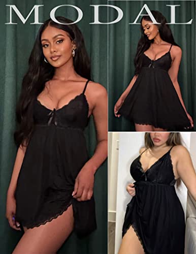Avidlove Womens Sleepwear Lace Babydoll Sexy Chemise V-Neck Nightgown Modal Nightie(Black,L) #TOP3