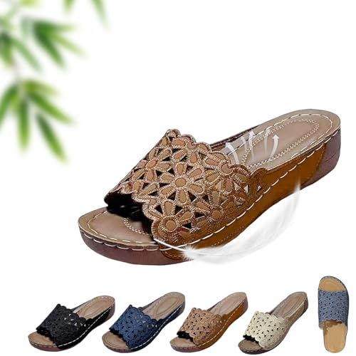 Breathable Orthopedic Open-Toe Slippers for Women with Soft Cushioning Arch Support, Summer Solid Color Lightweight Mesh Slip-On Non-Slip Flowers Open Toe Wedge Sandals