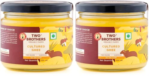 Image of Two Brothers Organic Farms Pure A2 Cultured Ghee 250 ml | Free-grazed Desi Gir Cows | Bilona Method | Farm-Made with Probiotics for Gut Health | India's only Certified Glyphosate-Free ghee (Pack of 2)