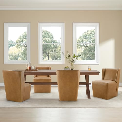 Image of KISLOT Upholstered Dining Chairs Set of 4 with Casters, Wingback Modern Side Armless Deskchair with Rollers for Diningroom Bedroom Livingroom Reading Room, Brown Faux Leather