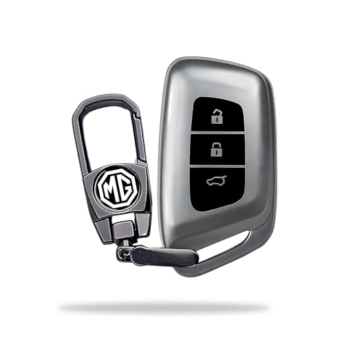 Image of SIAGO Premium TPU Car Key Cover and Metal Keychain Compatible with MG Hector | Windsor EV 3 Button Flip Key (Grey)