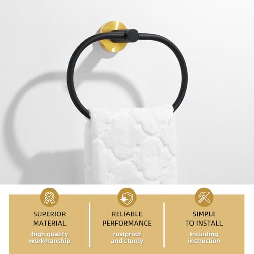 Image of Angle Simple Towel Ring Swivel, Stainless Steel Bathroom Hand Towel Holder Rack Hanger for Wall, Black and Gold